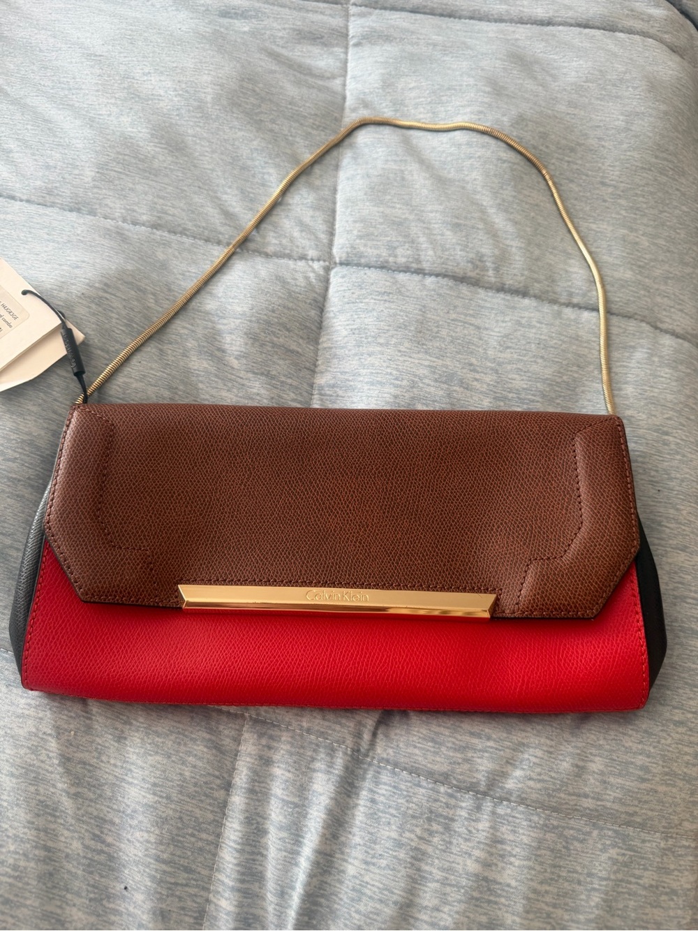 Calvin Klein Red and Brown Leather Shoulder Bag flap magnet closure gold chain